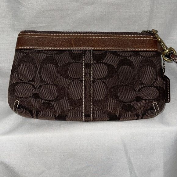 Coach Brown Signature Canvas Leather Trimmed Wristlet Small Purse - Picture 4 of 13